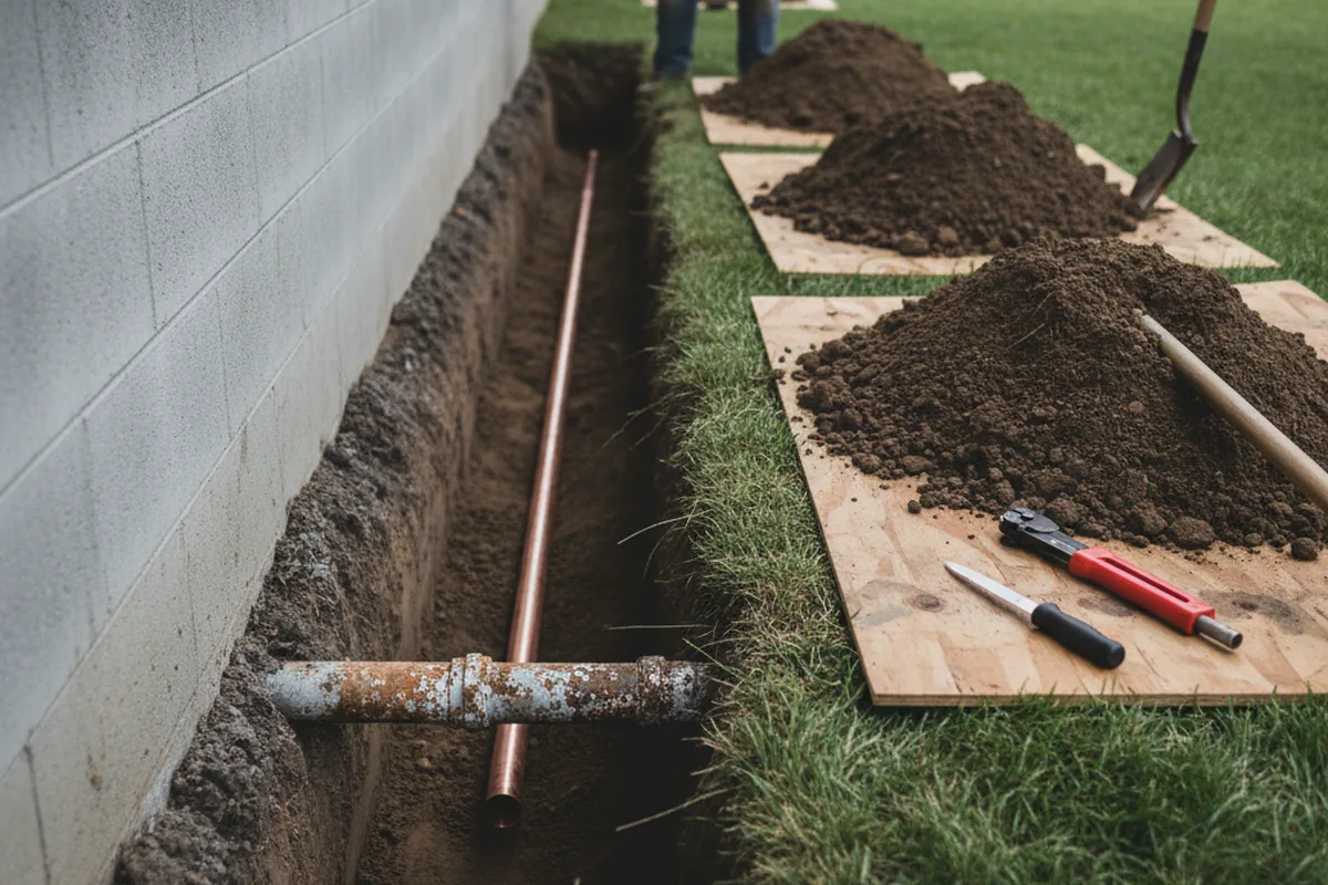 Excavated water line trench during Water Heater Repair in Badin
